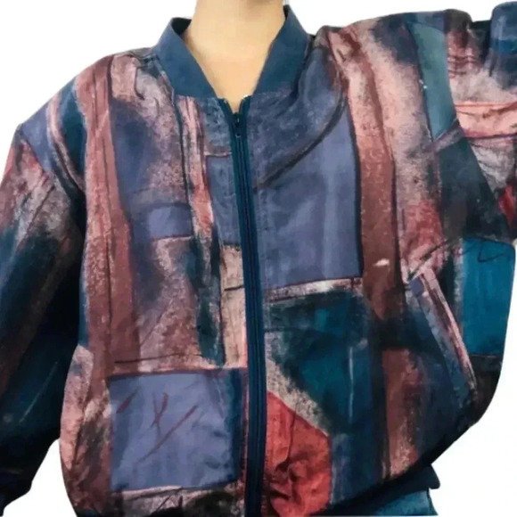 VTG 90s Abstract Silk Windbreaker Bomber Jacket - Picture 3 of 5